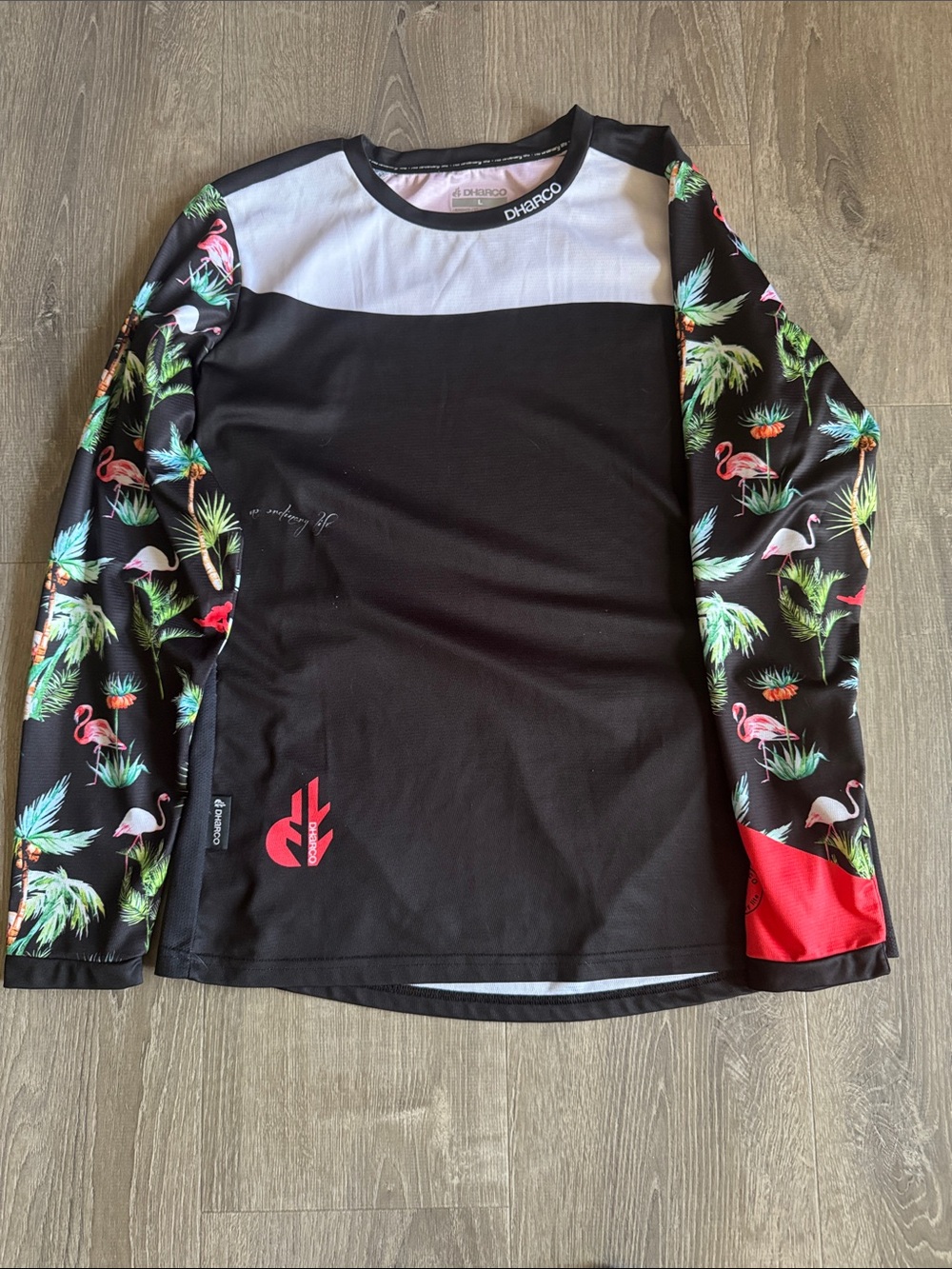 Dharco Black Long Sleeve Performance Top with Tropical Flamingo Sleeves